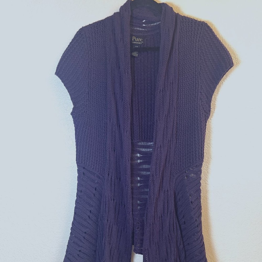 PURE Handknit Bohemian Plum Open Front‎ Cardigan 100% Cotton Size S/M Lagenlook